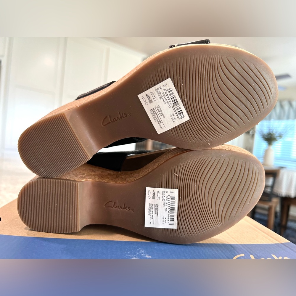 Clarks Collection Black Leather Cork Wedges "NEW" - Picture 8 of 16